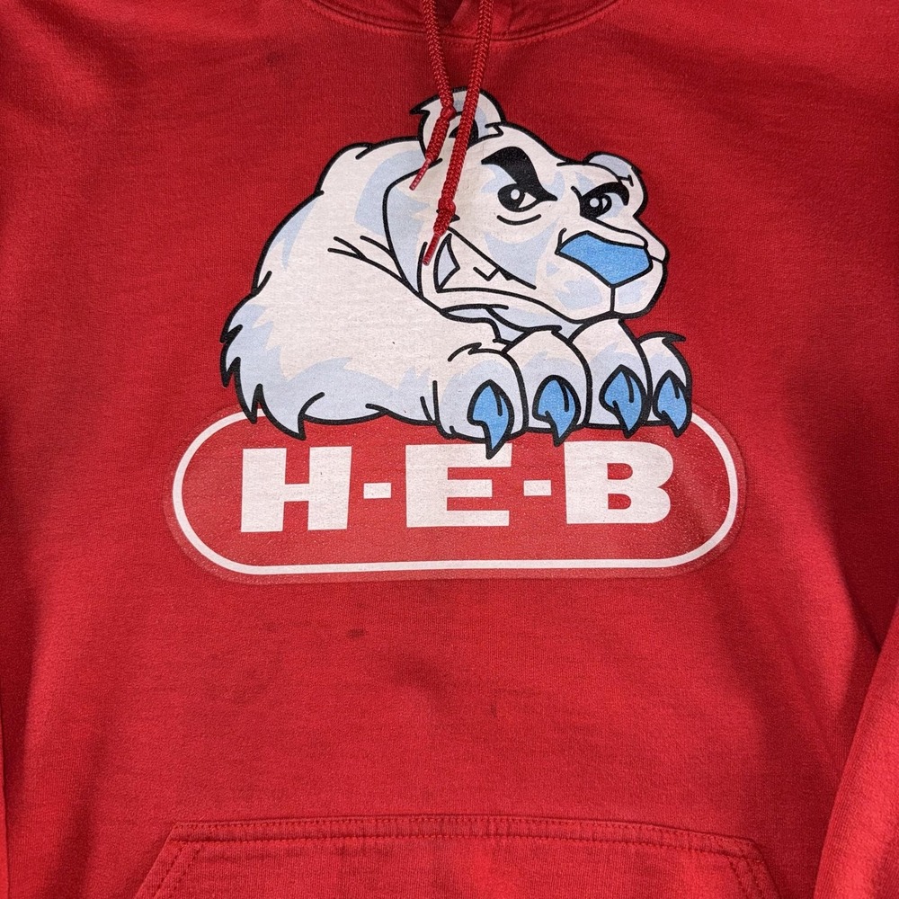 Gildan Hoodie Mens XL Red H-E-B Polar Bear Graphic Fleece Pullover Sweatshirt - Picture 4 of 13